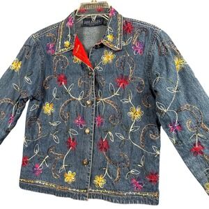 Vintage Floral Embroidered Denim Jacket Blue Cottagecore Grunge Petite